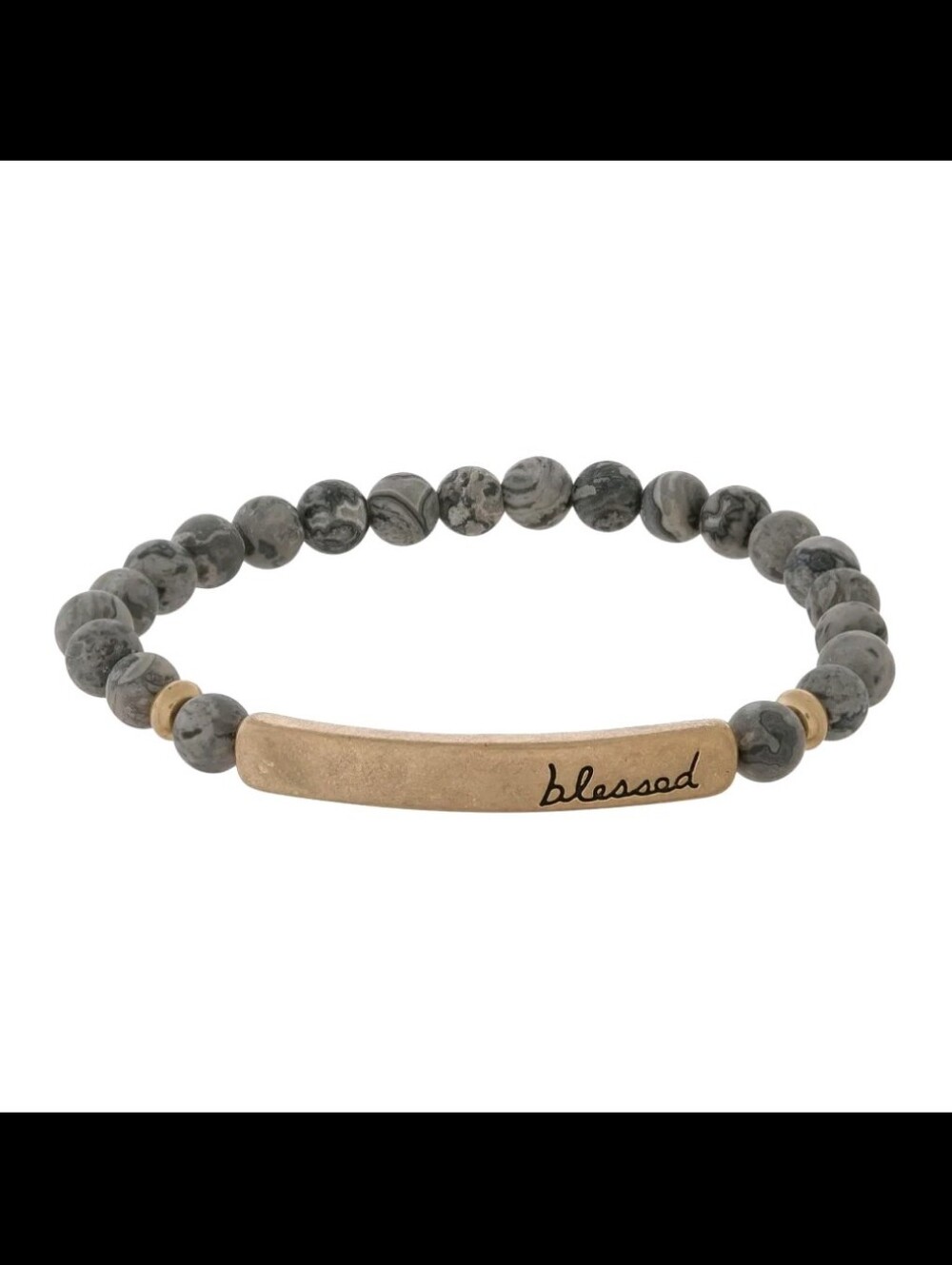Blessed Grey-Bead Stretch Bracelet with Gold Accent